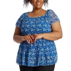 New Max Studio Plus Floral Print Mesh Overlay Flutter Sleeves Blouse Top